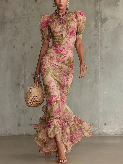 Fiora Vintage Rose Print Puff Sleeve Maxi Dress