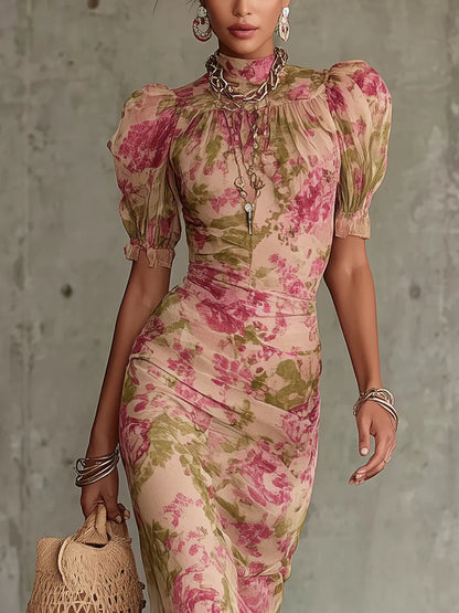 Fiora Vintage Rose Print Puff Sleeve Maxi Dress