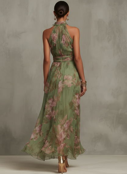 Serena - Long green floral chiffon dress with halter neckline