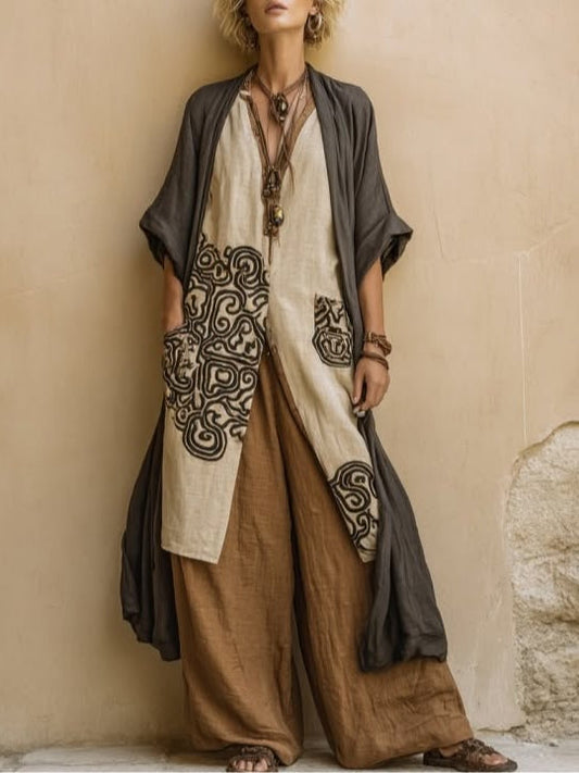 Giulia - Set Tre Pezzi Bohemien Nomade Grigio Scuro e Marrone con Motivo Tribale