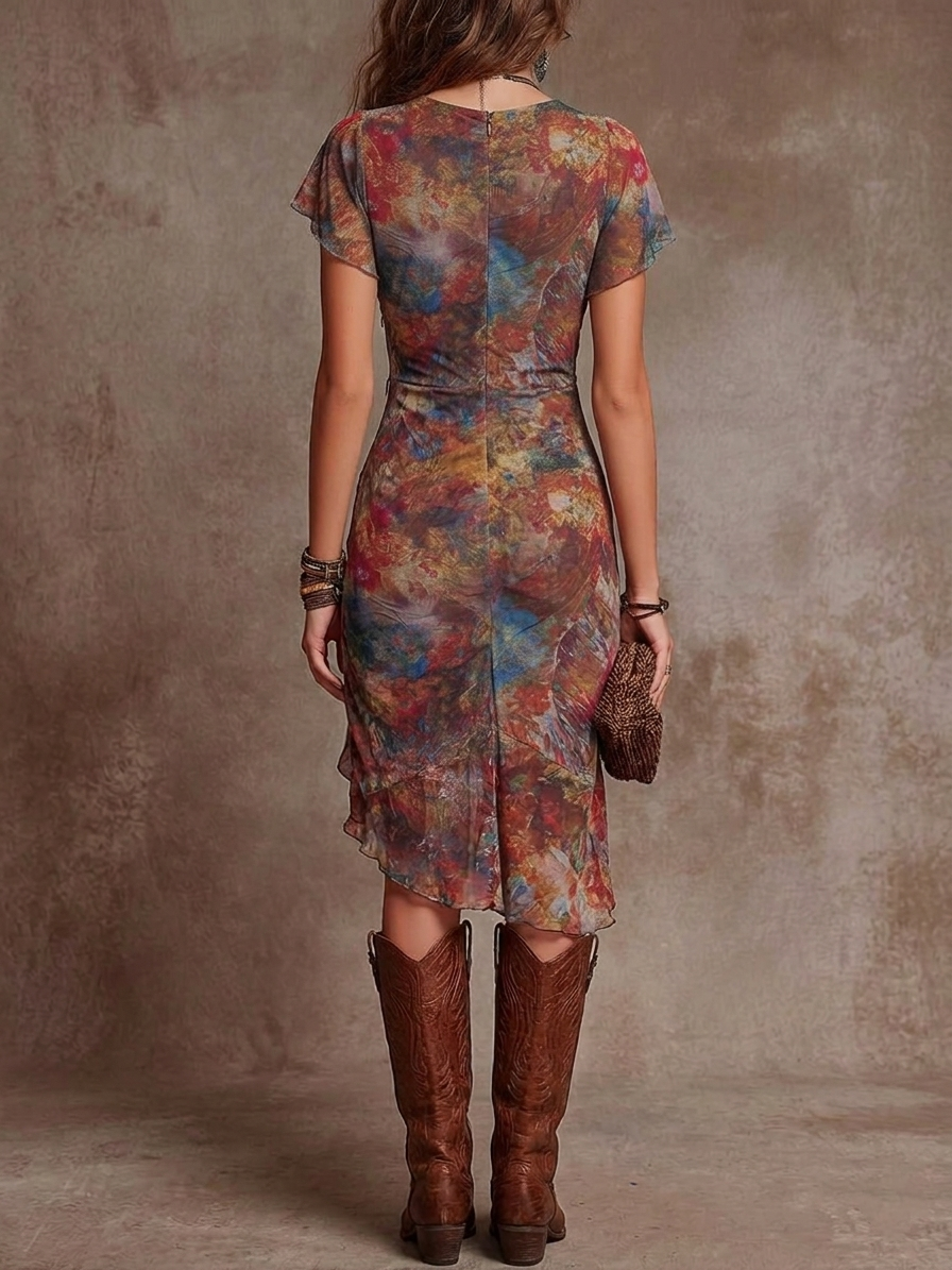 Martina Bohemian Abstract Print V-Neck Midi Dress