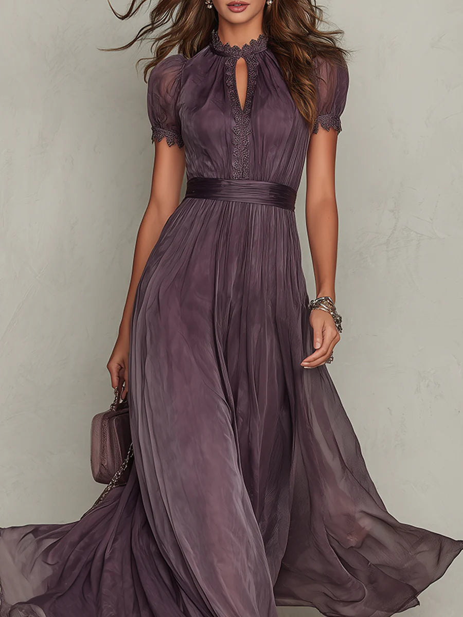 Flavia Purple Keyhole Chiffon Lace Trim Maxi Dress