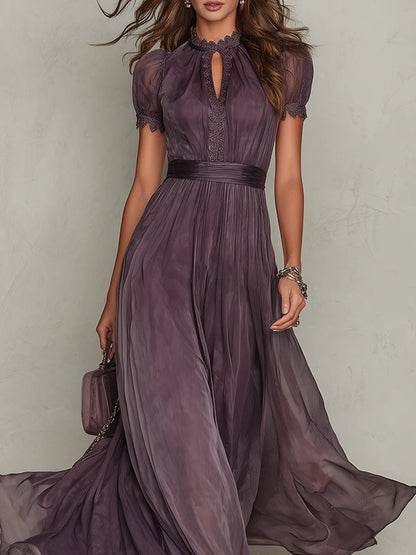 Flavia Purple Keyhole Chiffon Lace Trim Maxi Dress