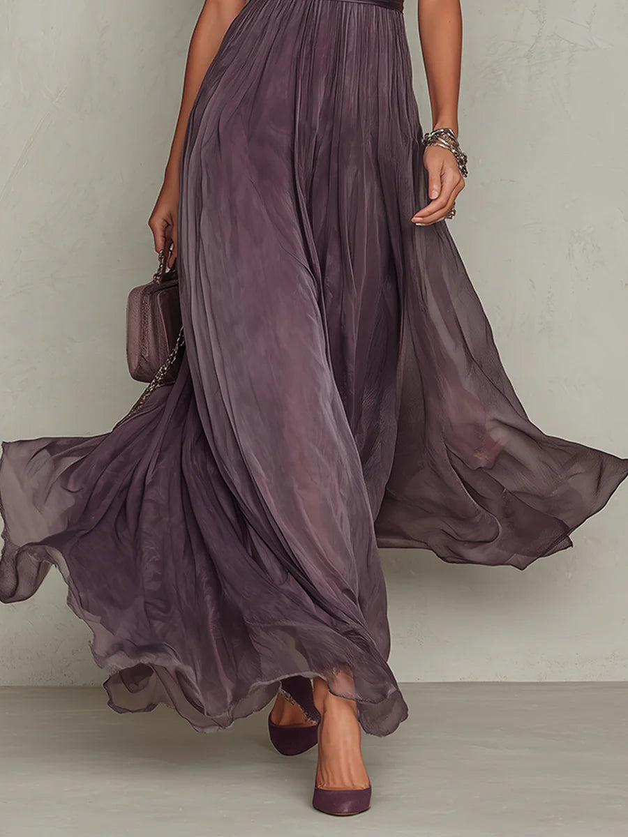 Flavia Purple Keyhole Chiffon Lace Trim Maxi Dress