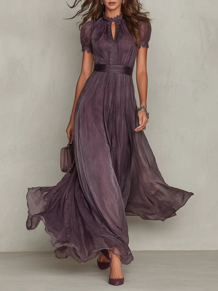 Flavia Purple Keyhole Chiffon Lace Trim Maxi Dress