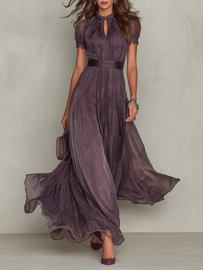 Flavia Purple Keyhole Chiffon Lace Trim Maxi Dress