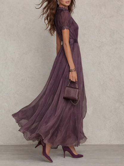 Flavia Purple Keyhole Chiffon Lace Trim Maxi Dress
