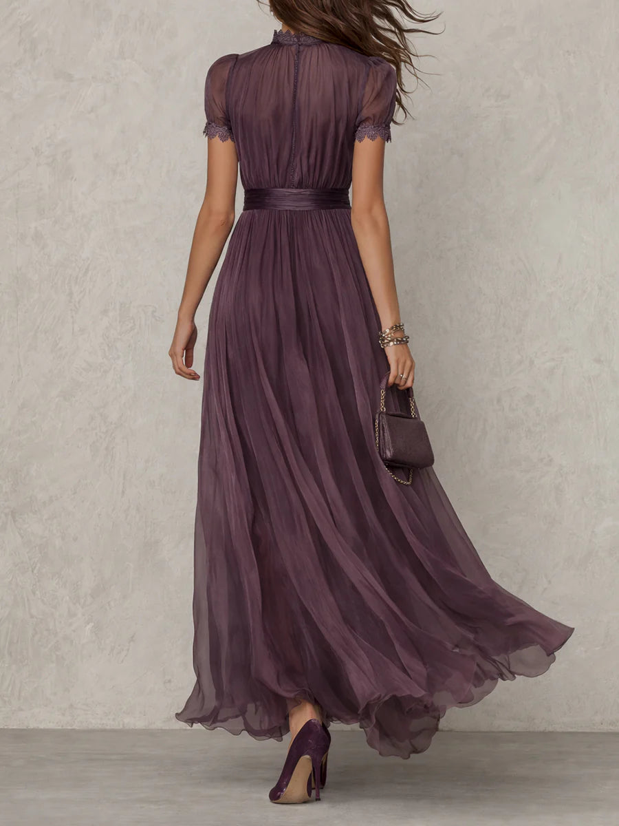 Flavia Purple Keyhole Chiffon Lace Trim Maxi Dress