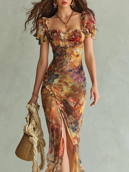 Viola - Abito lungo in chiffon arancione con stampa a olio in stile bohemien