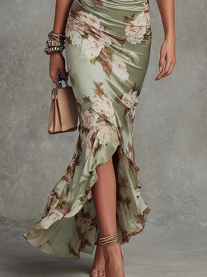 Anna - Asymmetrical Green Satin Maxi Dress