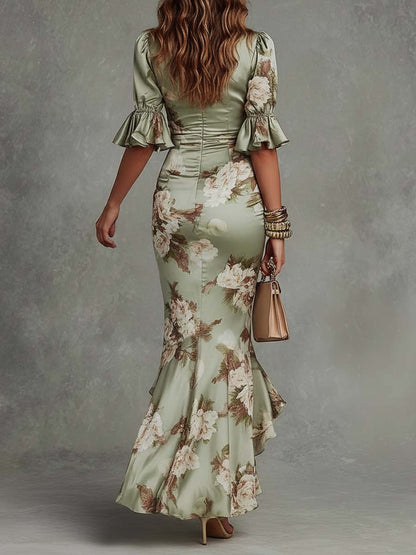 Anna - Asymmetrical Green Satin Maxi Dress