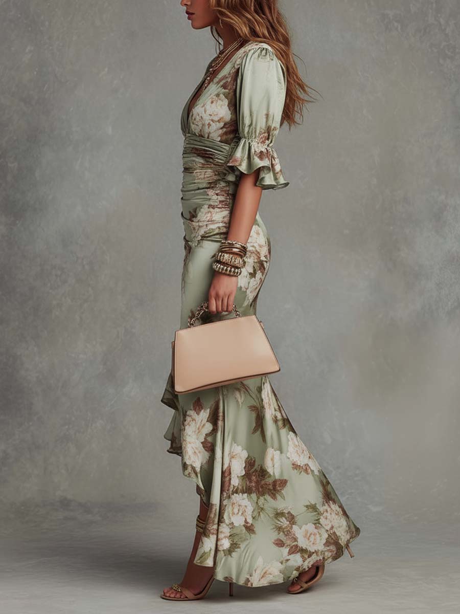 Anna - Asymmetrical Green Satin Maxi Dress