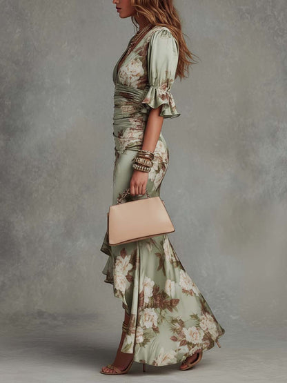 Anna - Asymmetrical Green Satin Maxi Dress