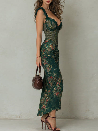 Giorgia - Vestito lungo con stampa floreale a righe e bordo in pizzo retrò