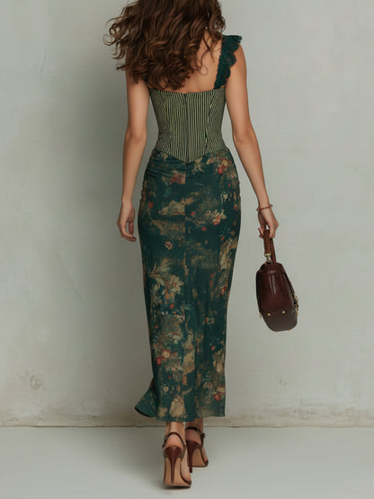 Giorgia - Vestito lungo con stampa floreale a righe e bordo in pizzo retrò