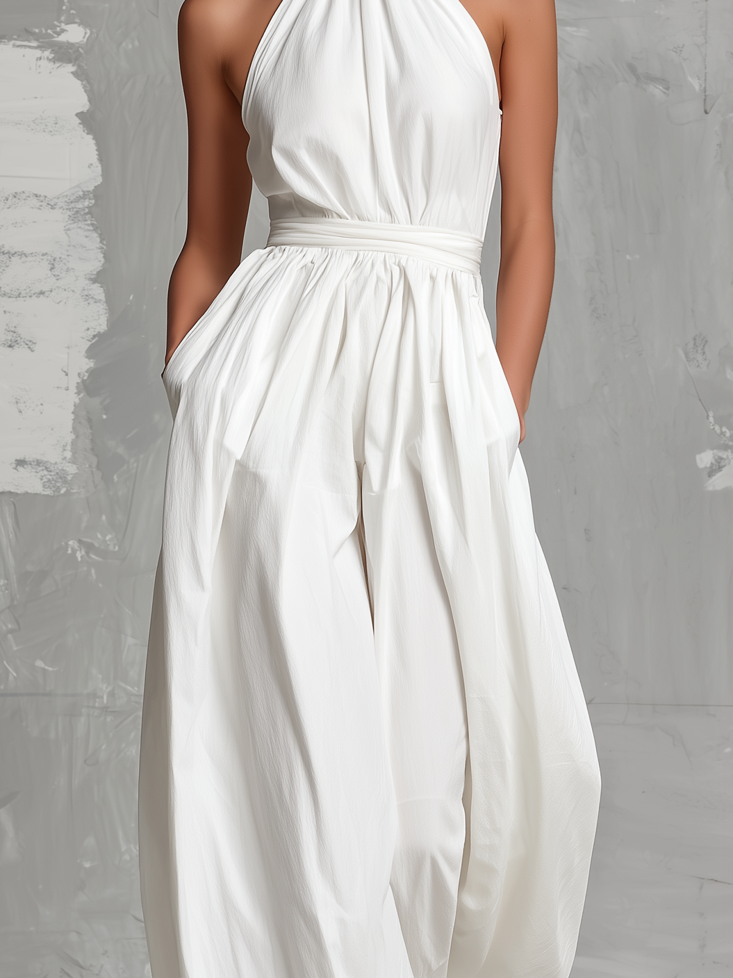 White Woven Sleeveless Halter-Neck Jumpsuit