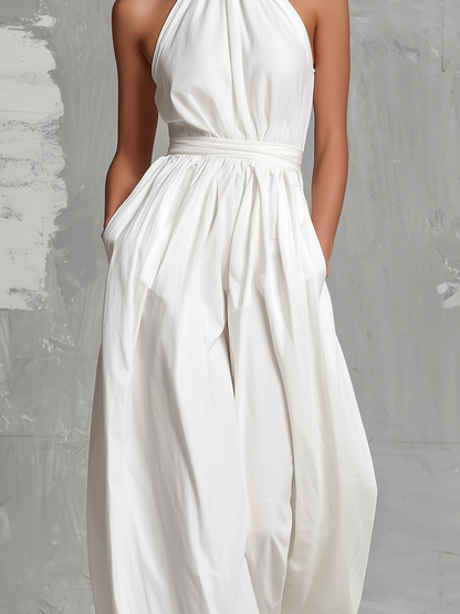 White Woven Sleeveless Halter-Neck Jumpsuit