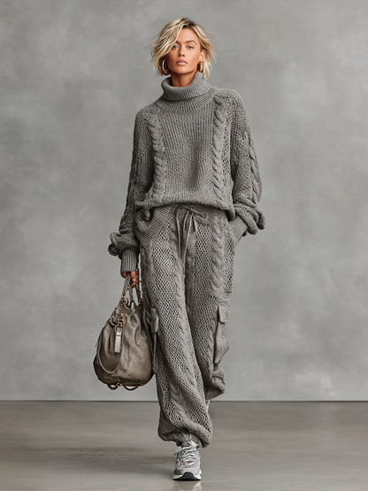 Cable Knit Turtleneck Sweater & Cargo Pants Set