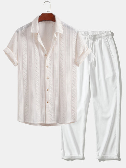 Geometric Jacquard Button Up Shirt & Crinkle Textured Straight Leg Pants