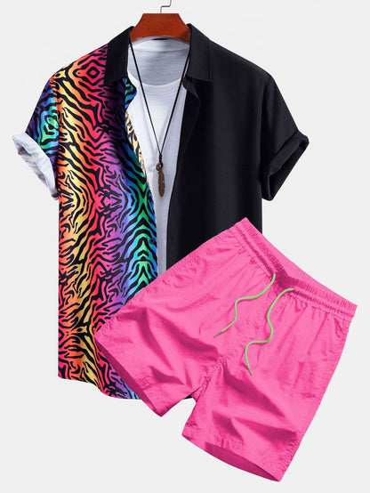 Colorful Tiger Patchwork Button Up Shirt & Swim Shorts