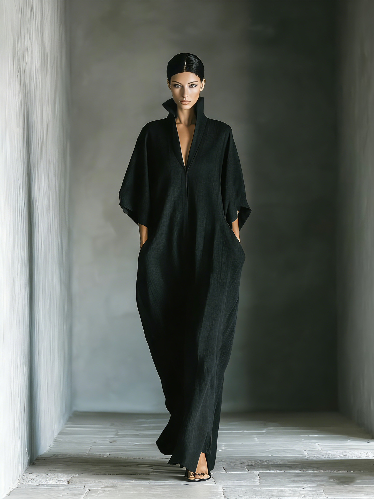 Black Cotton Oversized Kimono Sleeve Maxi Dress