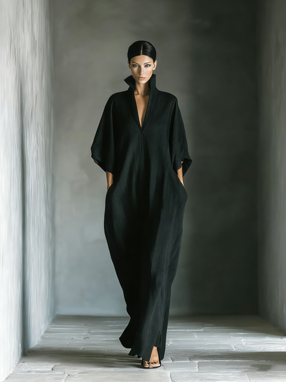 Black Cotton Oversized Kimono Sleeve Maxi Dress