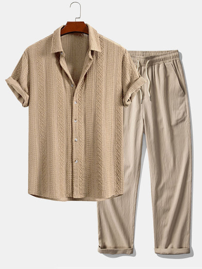 Geometric Jacquard Button Up Shirt & Crinkle Textured Straight Leg Pants