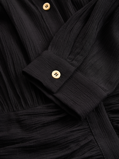 Cotton Linen Pleated Lapel Maxi Dress