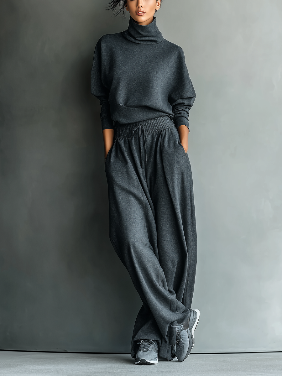 Charcoal Knit Turtleneck Oversized Top & Wide-Leg Pants Set