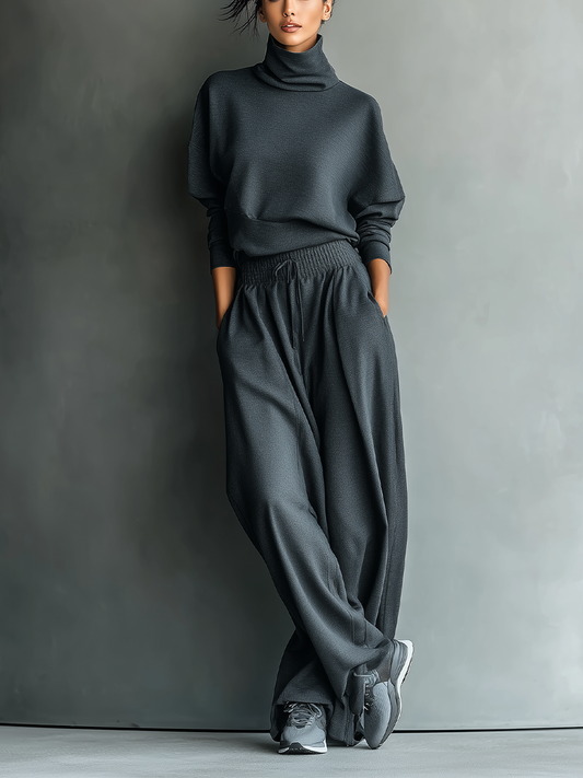 Charcoal Knit Turtleneck Oversized Top & Wide-Leg Pants Set