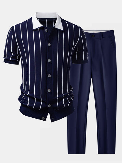 Stripe Button Up Knit Shirt & Slim Fit Tapered Trousers