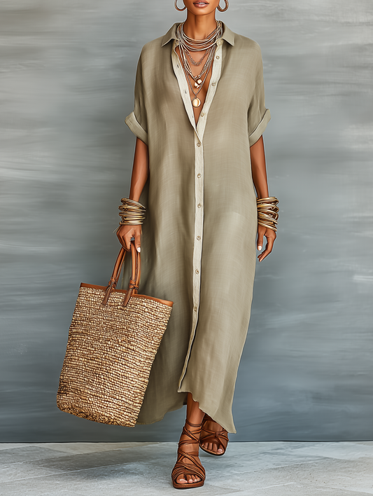 Linen Blend Short Sleeve Shirt Maxi Dress
