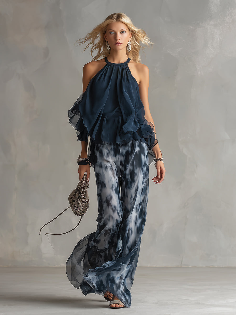 Ludovica - elegant chiffon dress with high neck top and wide printed trousers