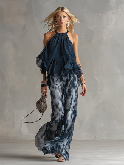 Ludovica - elegant chiffon dress with high neck top and wide printed trousers