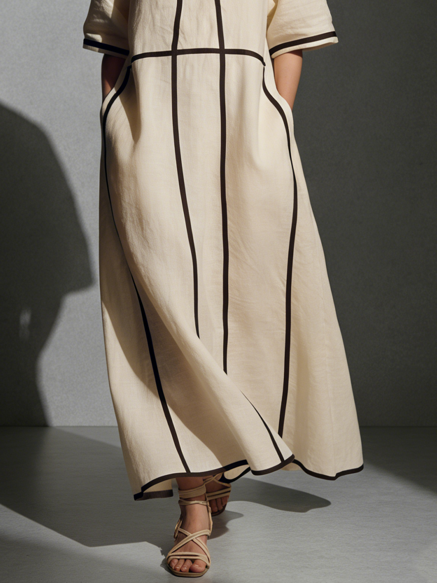 Beige Linen Blend Stand-Collar Contrast-Line Pocketed Maxi Dress