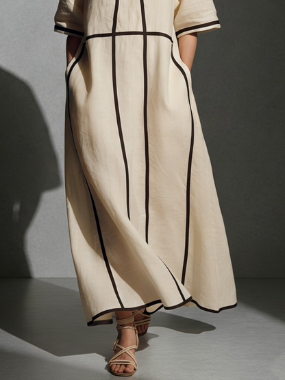 Beige Linen Blend Stand-Collar Contrast-Line Pocketed Maxi Dress