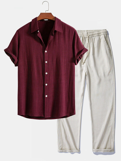Linen Rayon Blend Button Up Shirt & Stripe Straight Leg Linen Pants