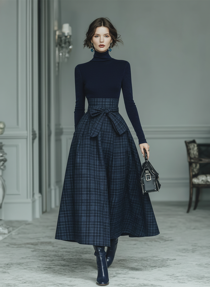 Dark Blue High Elastic Knit & Plaid Wool Skirt Set