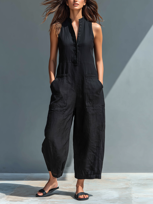 Linen Blend Stand Collar Sleeveless Jumpsuit