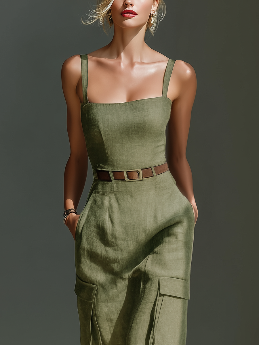 Olive Green Linen Sleeveless Cargo Pocket Belted Midi Dress