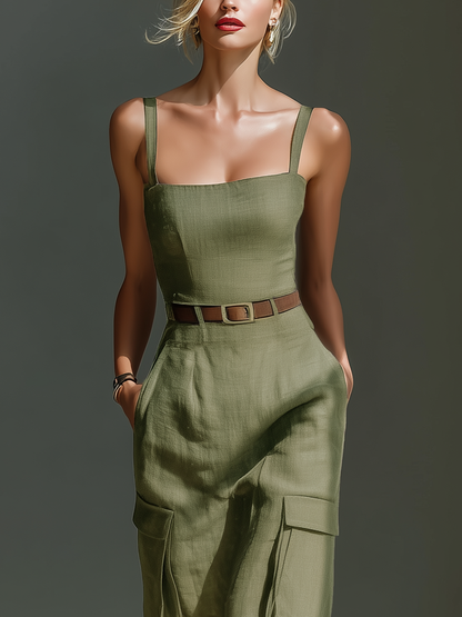 Olive Green Linen Sleeveless Cargo Pocket Belted Midi Dress