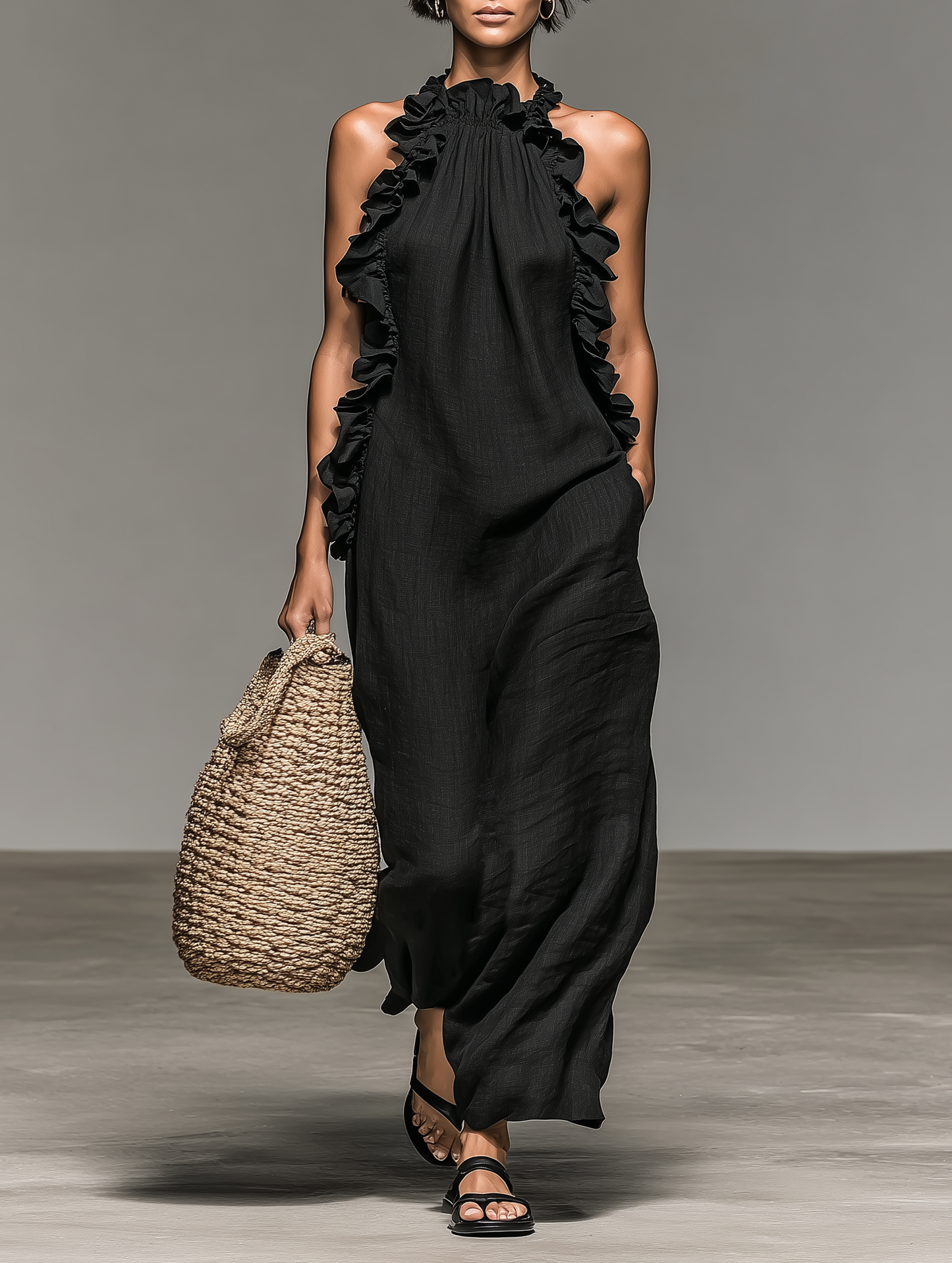 Linen Blend Sleeveless Ruffle Maxi Dress
