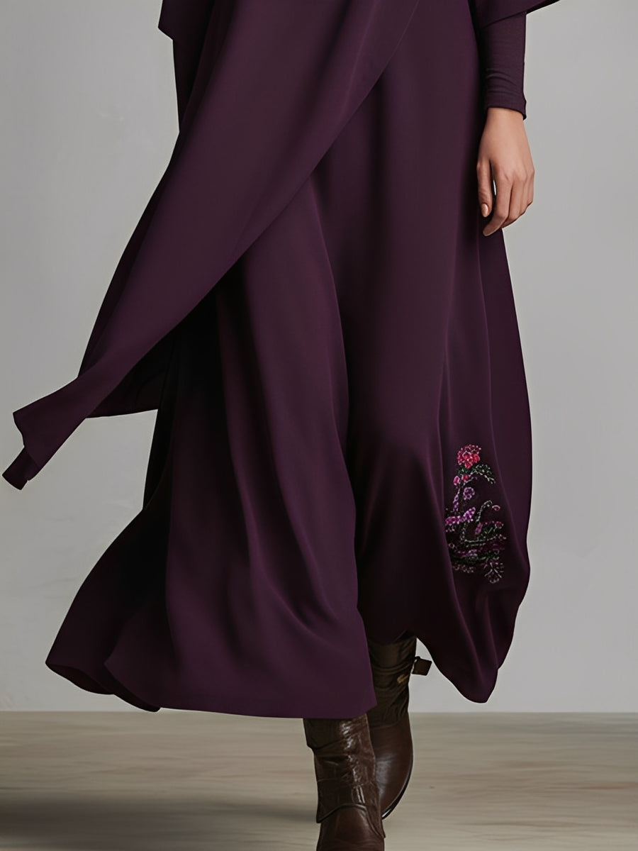 Draped Jersey Turtleneck Embroidered Maxi Dress