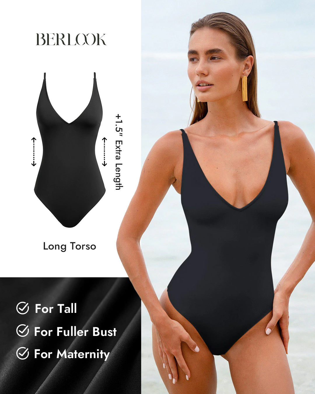 V Neck Tummy Control One-Piece Swimsuit-Available In Long Torso