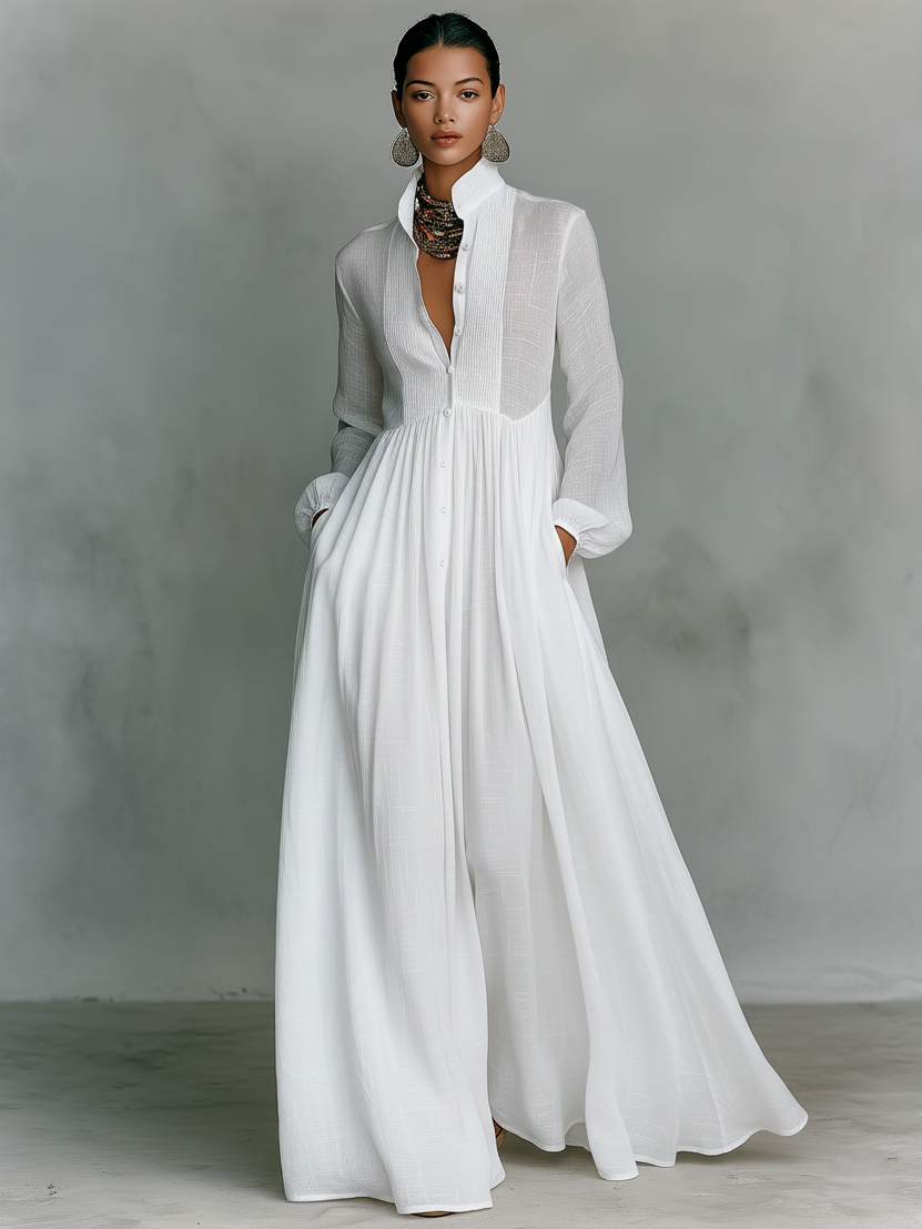 Cotton-Linen Patchwork Stand Collar Maxi Dress
