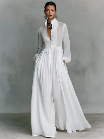 Minimalist High Neck Long Sleeve Linen Patchwork Maxi Dress