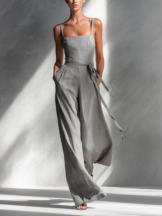 Gray Linen Blend Spaghetti-Strap Square-Neck Tie-Waist Wide-Leg Jumpsuit