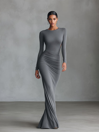 Women's Grey Ruched Open-Back Maxi Dress