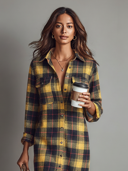 Flannel Plaid Long Sleeve Shirt Midi Dress