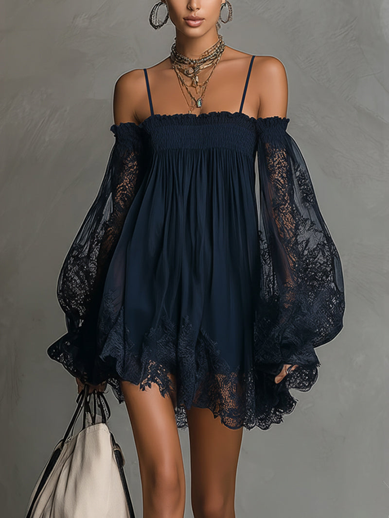 Noemi - Navy blue chiffon mini dress with off-the-shoulder neckline, lace trim and sheer sleeves